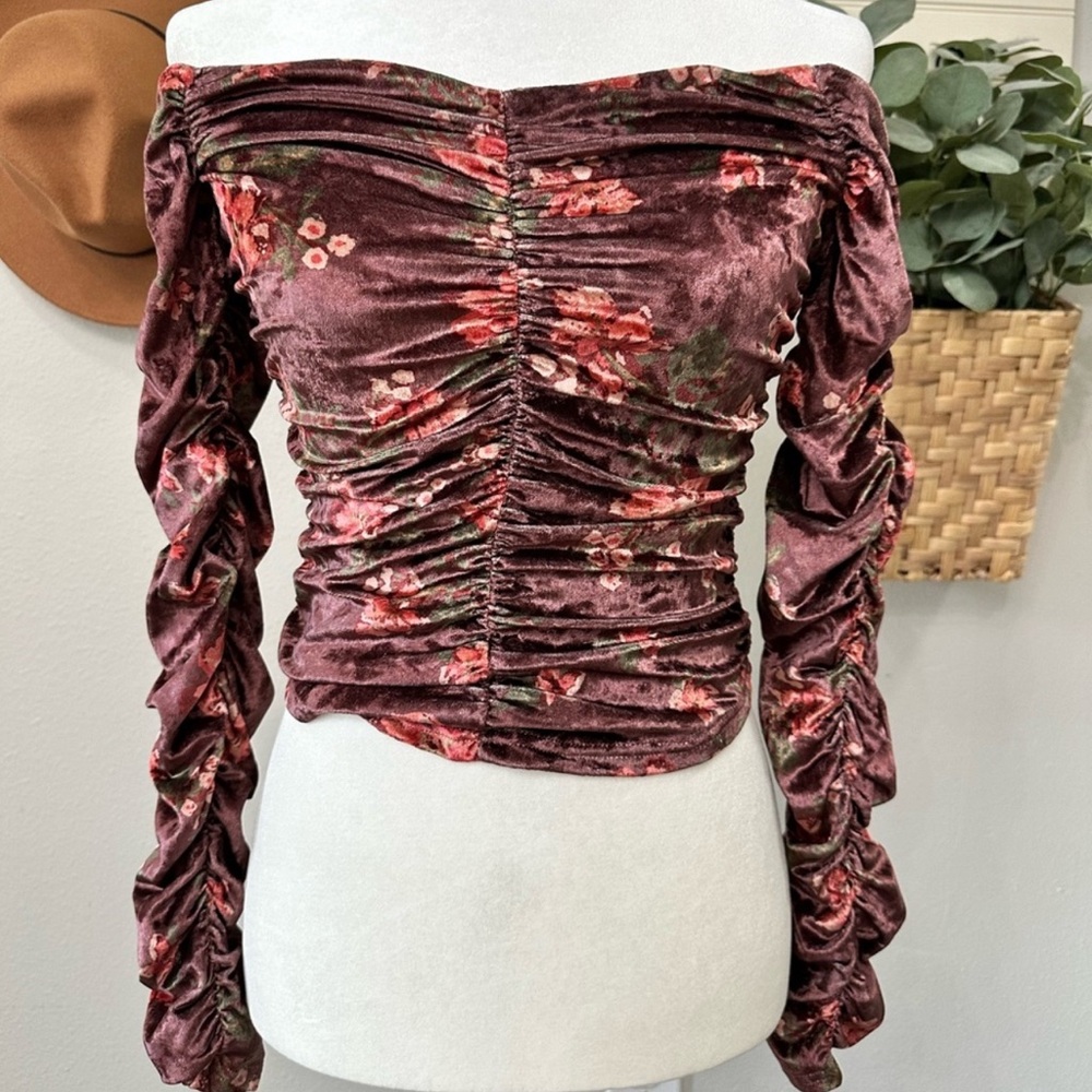 Free People Reina Top Floral Velvet Ruched Off Shoulder Long Sleeve Stretch XS